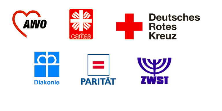 Logos von Awo, Caritas, Diakonie, DRK, Paritätern und ZWST