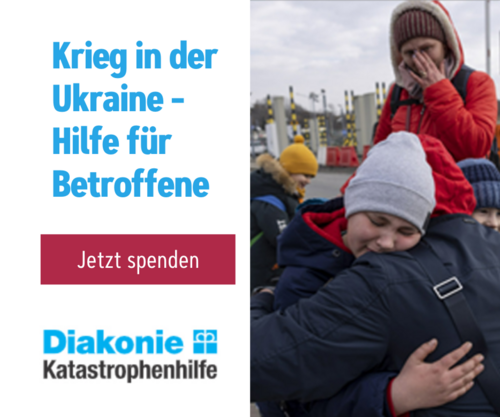 Text auf Bild Ukraine-Krise Hilfe für Betroffene, daneben weinene Frau mit Kindern